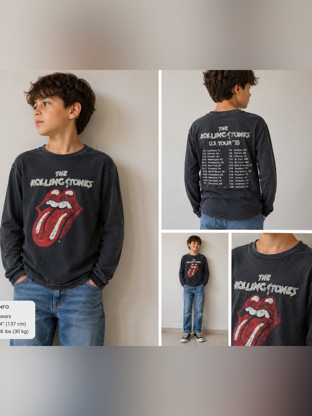 Rolling Stones U.S. Tour ’78 Graphic Long Sleeve Tee Youth Size 10 Faded Black